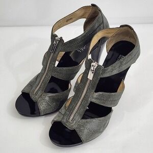 Michael Kors Women Heels Sandals 10M Gray Lizard Print Zipper Chunky Block Heel